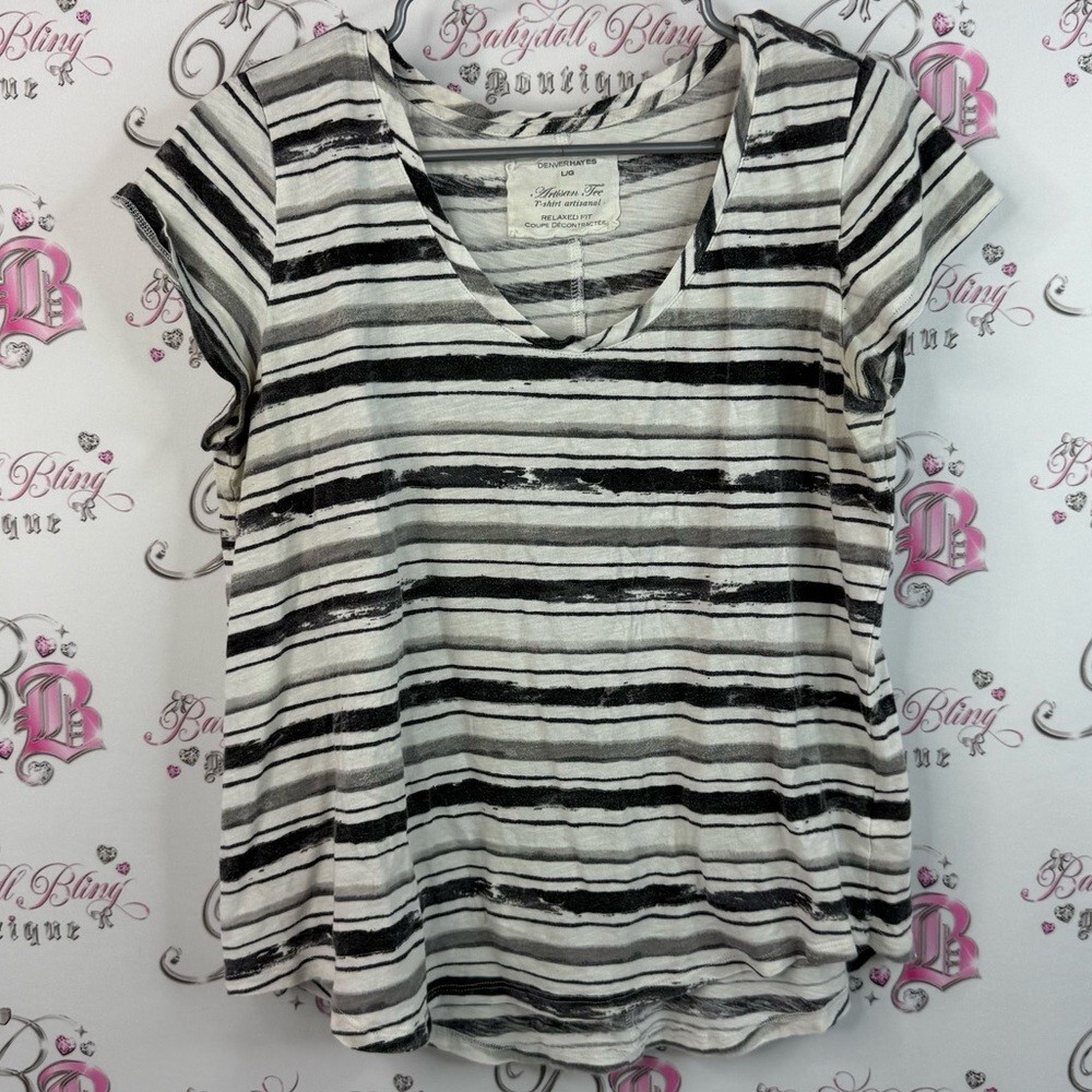 Denver Hayes T-shirt artisianal stripes Black and White Striped Short Sleeve Top